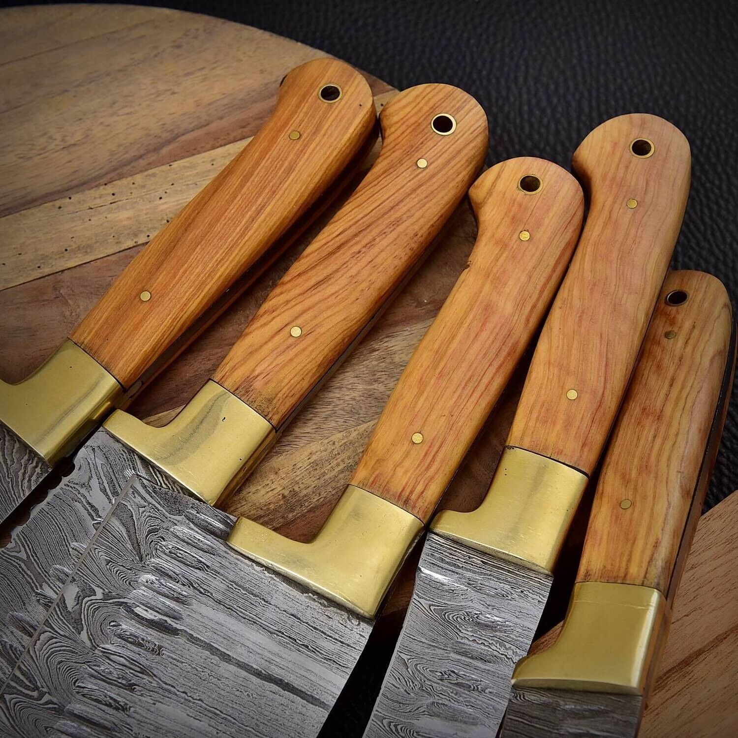 Custom Handmade Forged Damascus Steel 5 Piece Chef Knife Set  Utility Slicing Cleave Fillet Paring Kitchen Knives Set Wooden