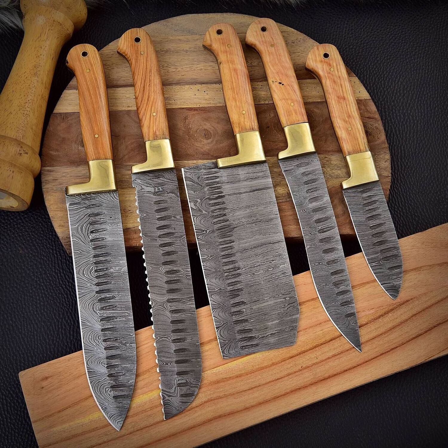 Custom Handmade Forged Damascus Steel 5 Piece Chef Knife Set  Utility Slicing Cleave Fillet Paring Kitchen Knives Set Wooden