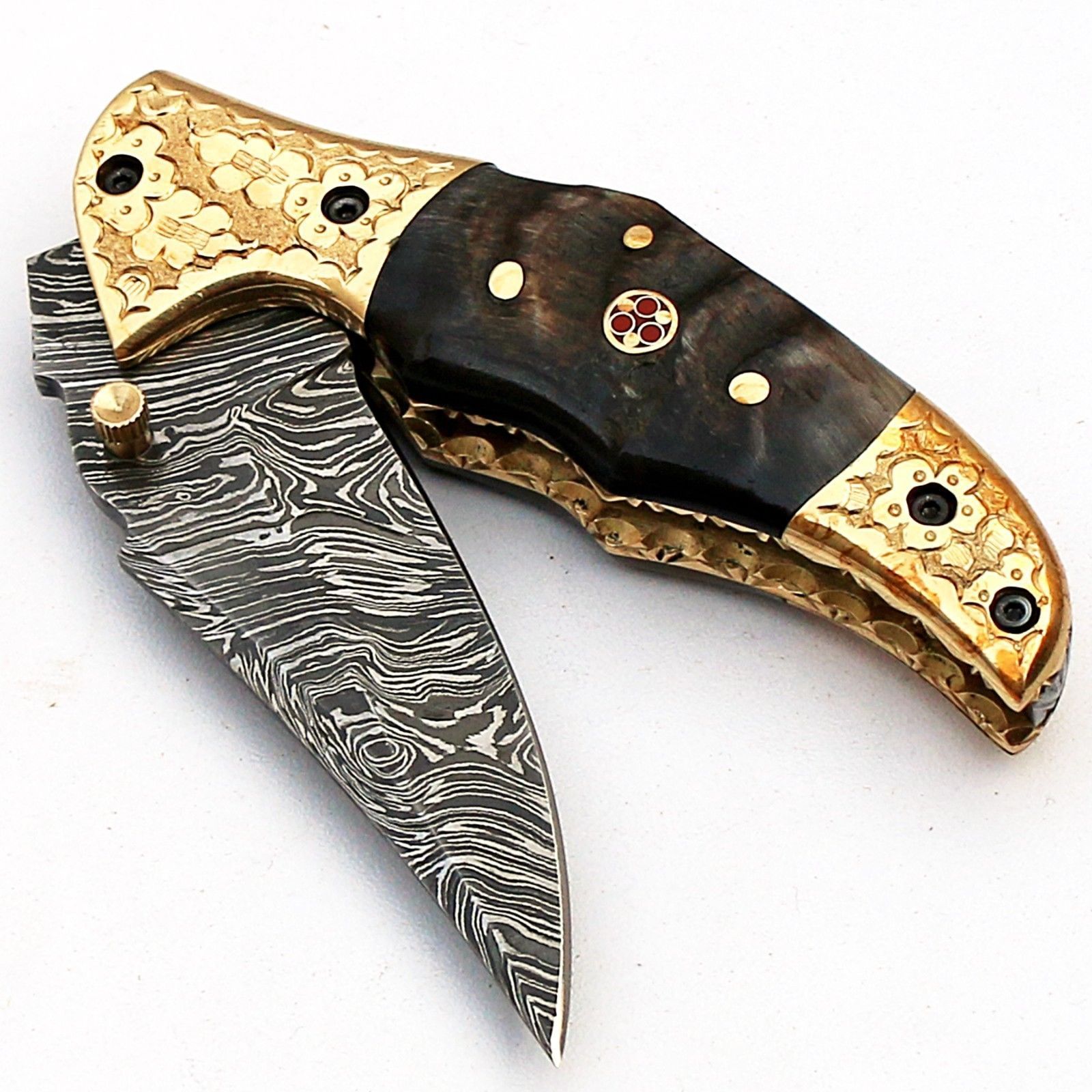 Damascus Custom Handmade Folding Knife Ram Horn Handle Hand Engraved Guard Pocket Knife with leather sheath