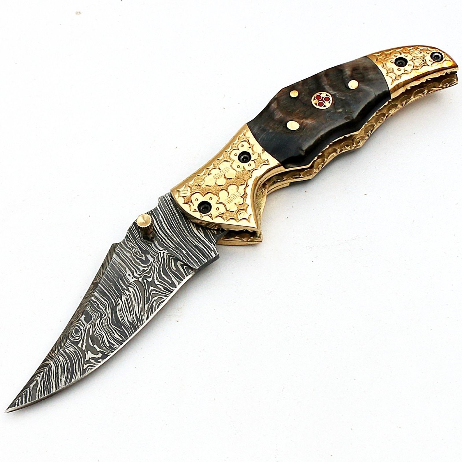 Damascus Custom Handmade Folding Knife Ram Horn Handle Hand Engraved Guard Pocket Knife with leather sheath