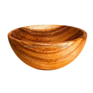 Kitchenware Acacia Wooden Round Fruit Bowl With Base Natural Serving Bowl Handicraft Salad Mixing And Soup Bowl Customized