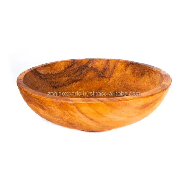 Kitchenware Acacia Wooden Round Fruit Bowl With Base Natural Serving Bowl Handicraft Salad Mixing And Soup Bowl Customized