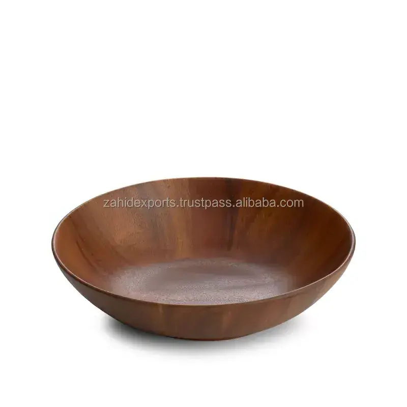 Kitchenware Acacia Wooden Round Fruit Bowl With Base Natural Serving Bowl Handicraft Salad Mixing And Soup Bowl Customized