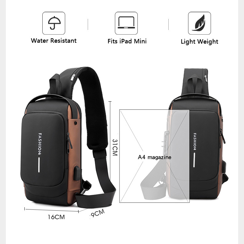 Waterproof Men Chest Bag with USB and Combination Lock Anti-theft Shoulder Bag Crossbody Sling Bag Chest Pack