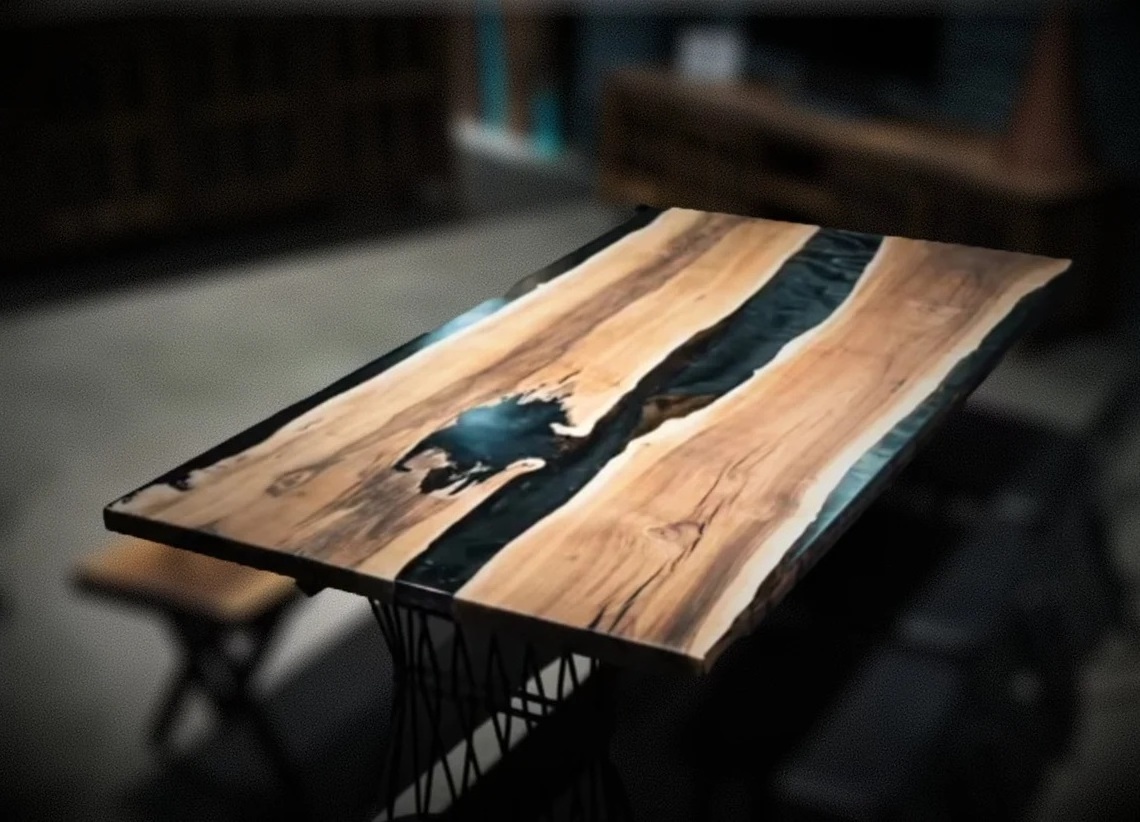 Live Edge Epoxy River Table slab with clear blue resin dining table set in stock Indian Acacia Wood epoxy dining table