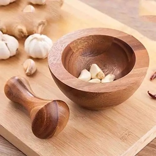 Mortar and Pestle Handmade Crush Spices Garlic Smasher Bamboo Mortar and Pestle Set Wooden Crusher