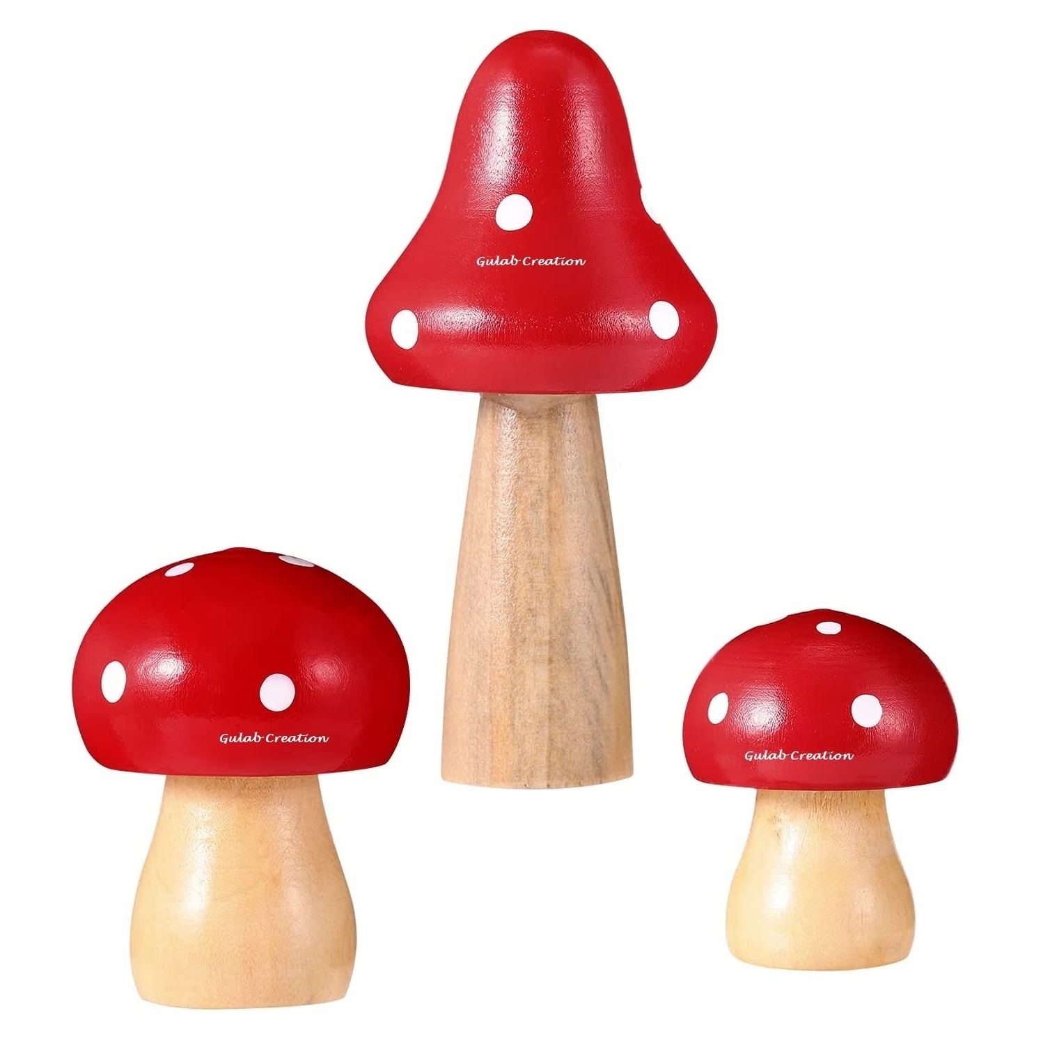 2024 New Arrival Decorative Hand Carved Solid Mango Wood Red and white Dotted Tops Mushroom Sculpture