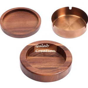 Modern Design Handmade Acacia Wood Ashtray with Lid with copper bowl inside Luxury Ashtray For Home Office Hotel