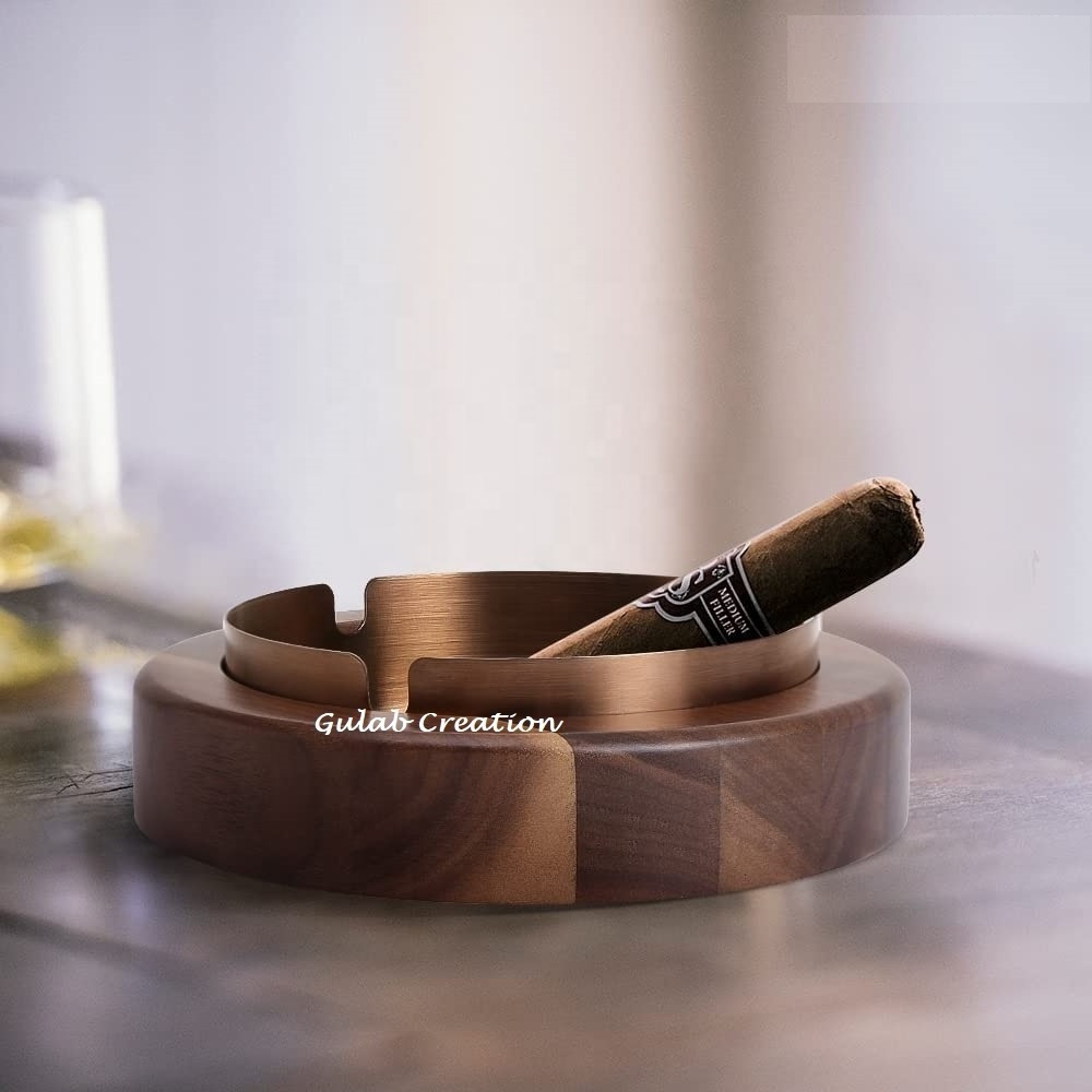 Modern Design Handmade Acacia Wood Ashtray with Lid with copper bowl inside Luxury Ashtray For Home Office Hotel