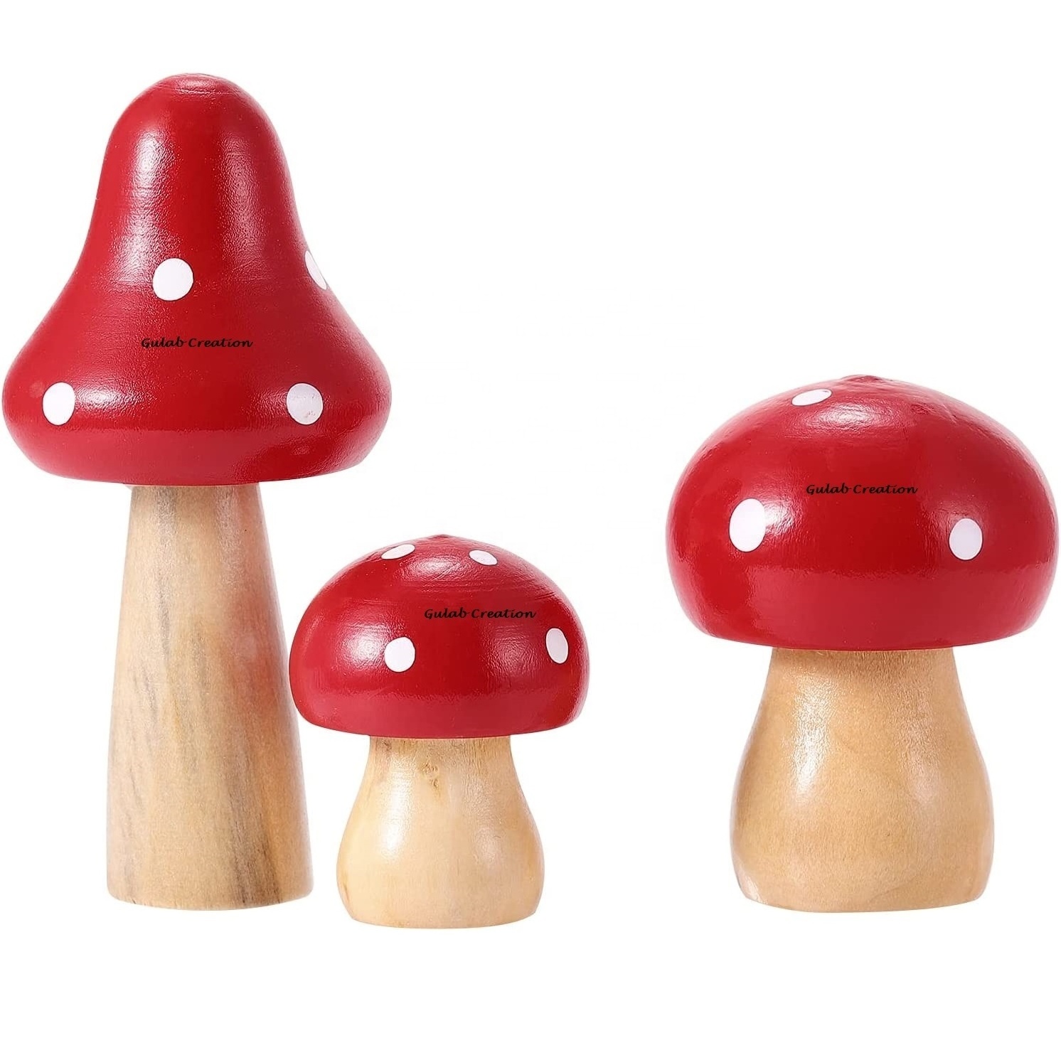 2024 New Arrival Decorative Hand Carved Solid Mango Wood Red and white Dotted Tops Mushroom Sculpture