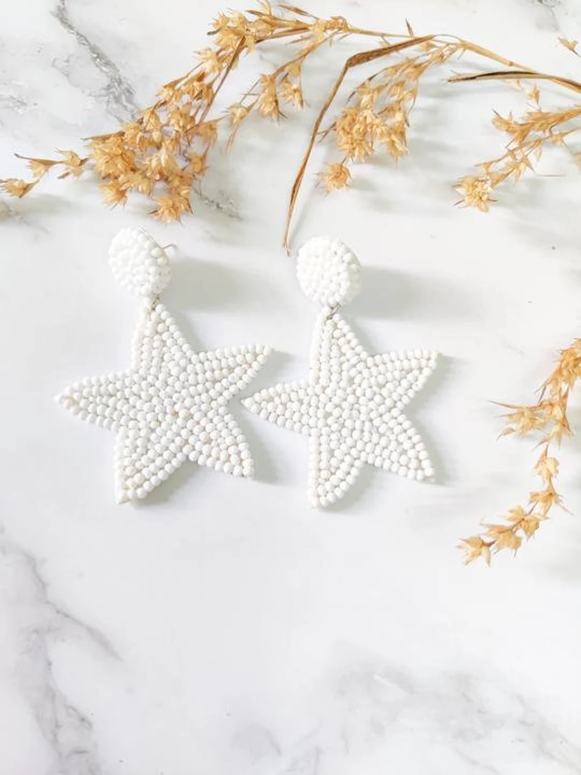 New Arrival 2024 White beaded Star earrings or white seed beads Star earrings or Bridesmaid beaded earrings at wholesale rate