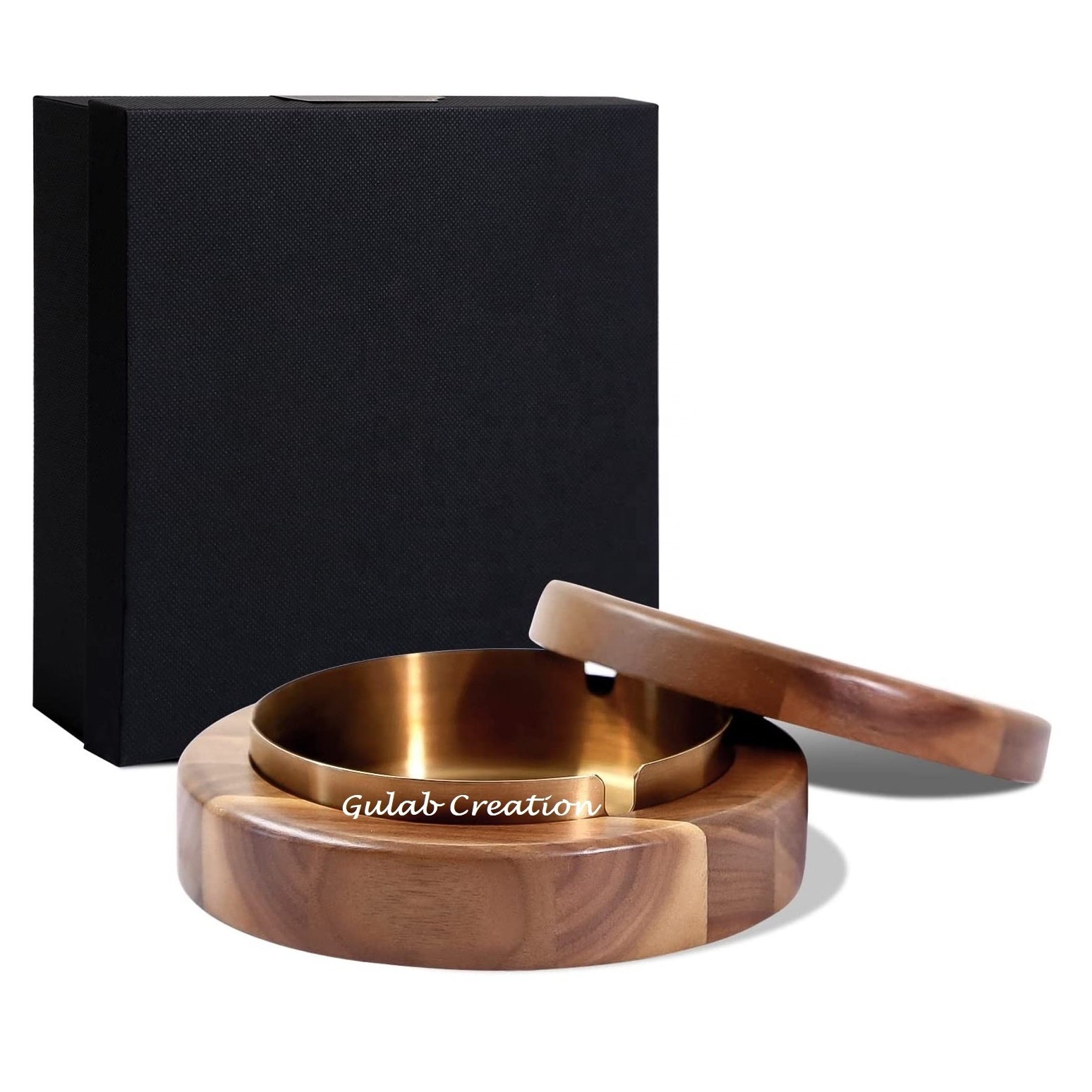 Modern Design Handmade Acacia Wood Ashtray with Lid with copper bowl inside Luxury Ashtray For Home Office Hotel