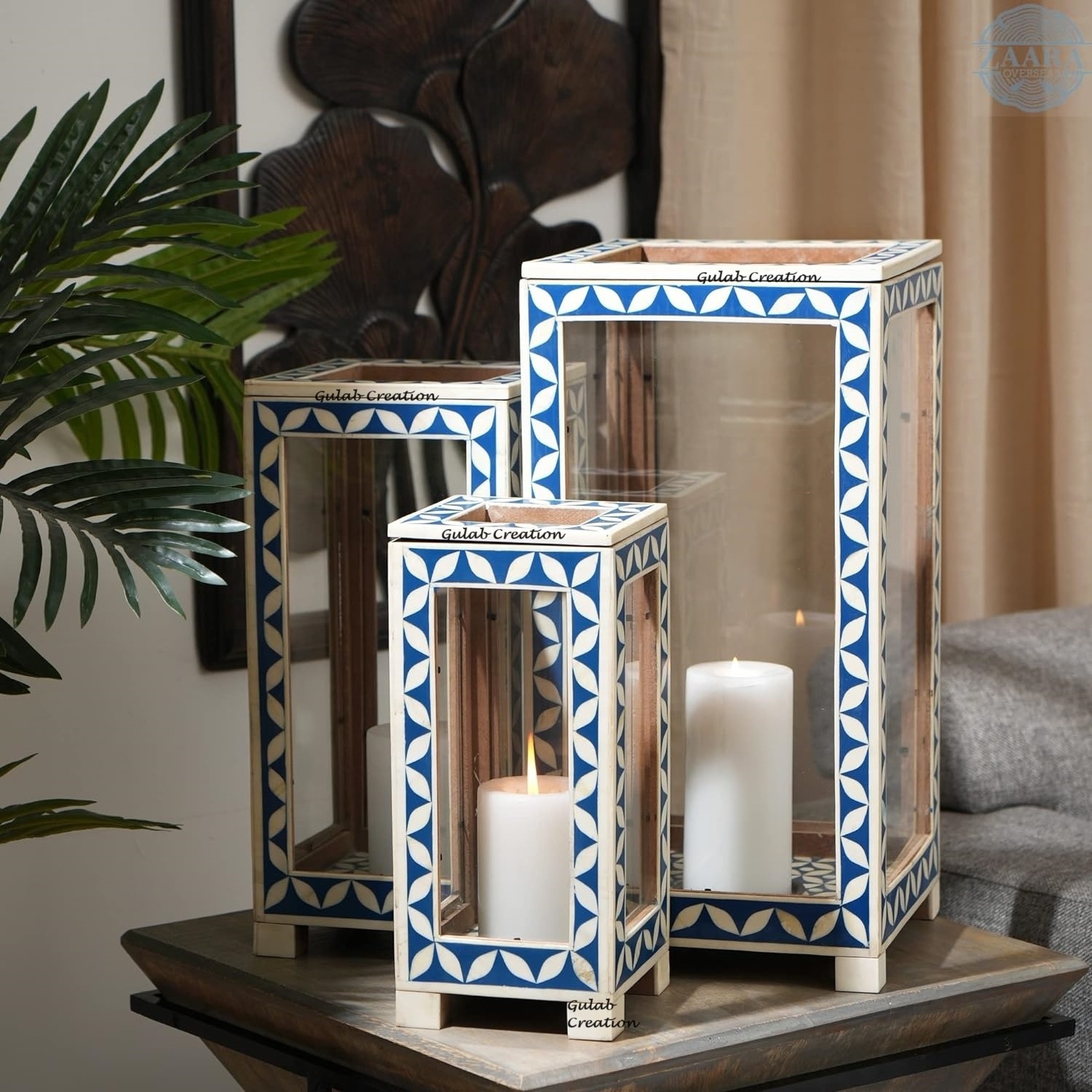 Decorative Blue and White Bone Inlay Lanterns