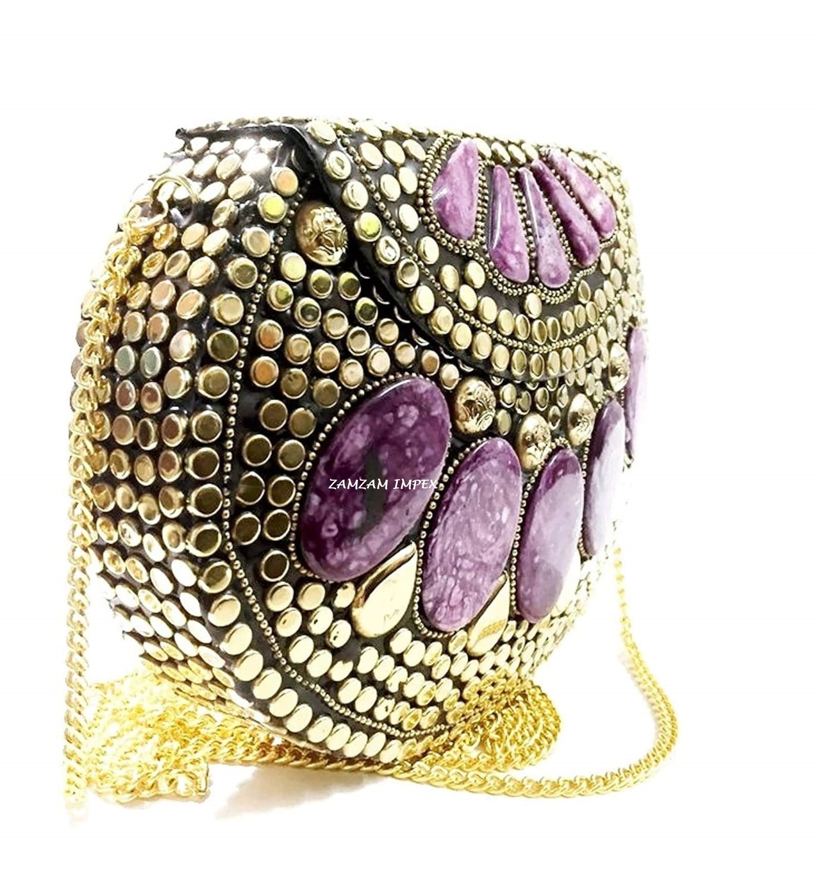 Golden Beaded Multi colored Metal Clutch Bag - Metal BOX Purse Best Ethnic Colorful Purse