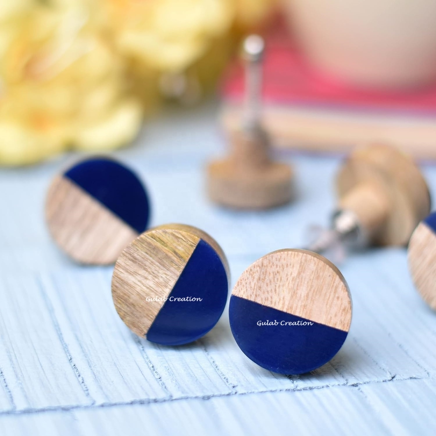 Handmade Round Wooden and Resin Blue Solid Cute Dresser Knobs