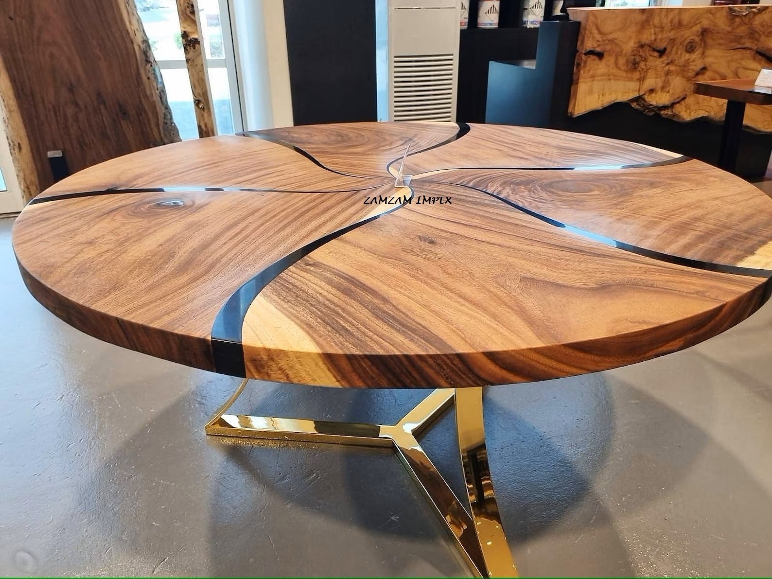 Custom Made Indian Acacia Wood Black Epoxy Round Dining Table By ZAMZAM IMPEX