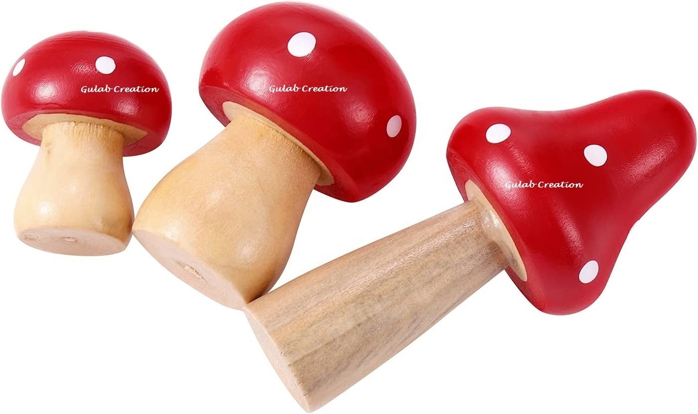 2024 New Arrival Decorative Hand Carved Solid Mango Wood Red and white Dotted Tops Mushroom Sculpture