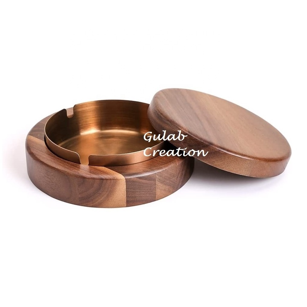 Modern Design Handmade Acacia Wood Ashtray with Lid with copper bowl inside Luxury Ashtray For Home Office Hotel