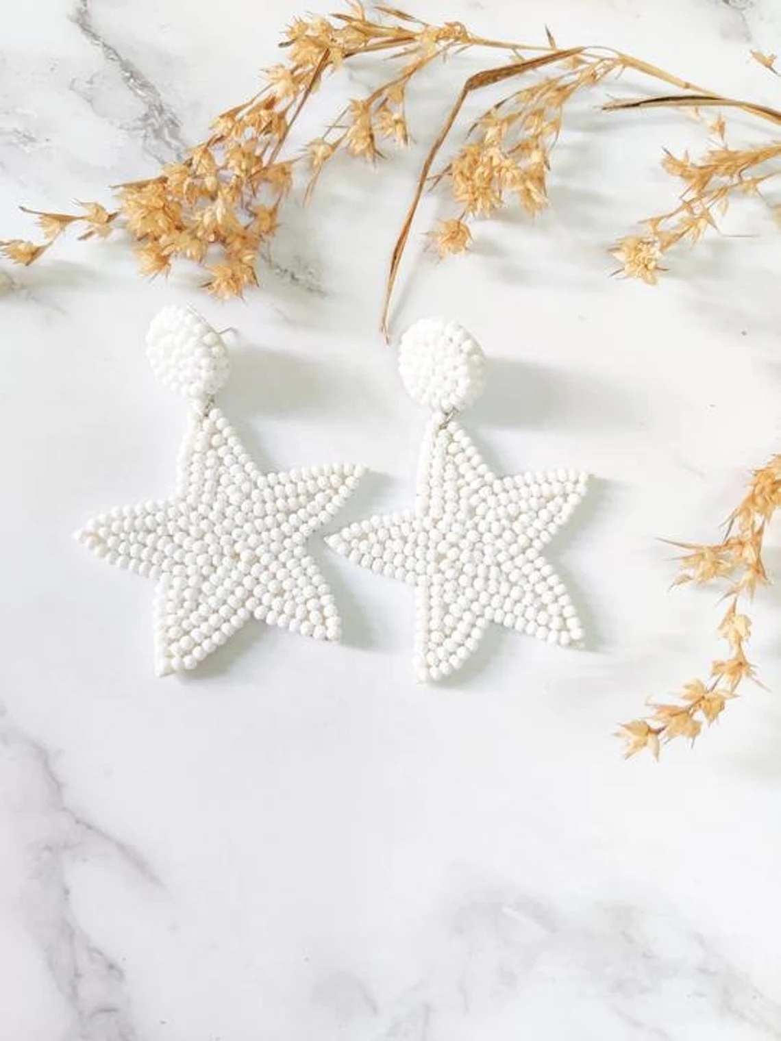 Premium Quality White beaded Star earrings or white seed beads Star earrings or Bridesmaid beaded earrings at wholesale rate