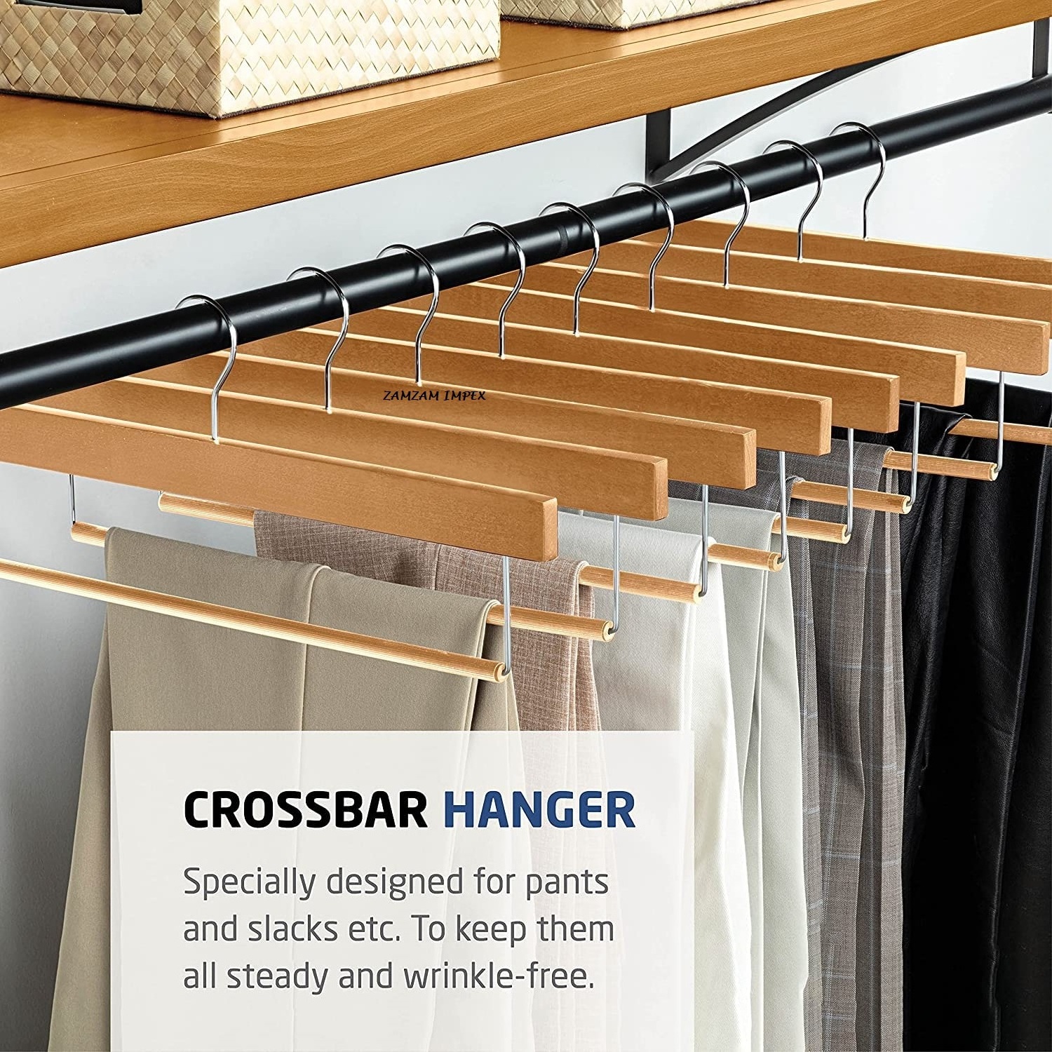 Wooden Slack/Trouser Pants Hangers with Non Slip Bar Smooth Durable Wooden Hangers