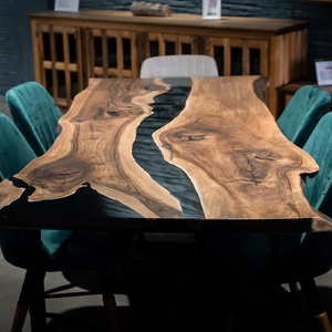 Live Edge Epoxy River Table slab with clear blue resin dining table set in stock Indian Acacia Wood epoxy dining table