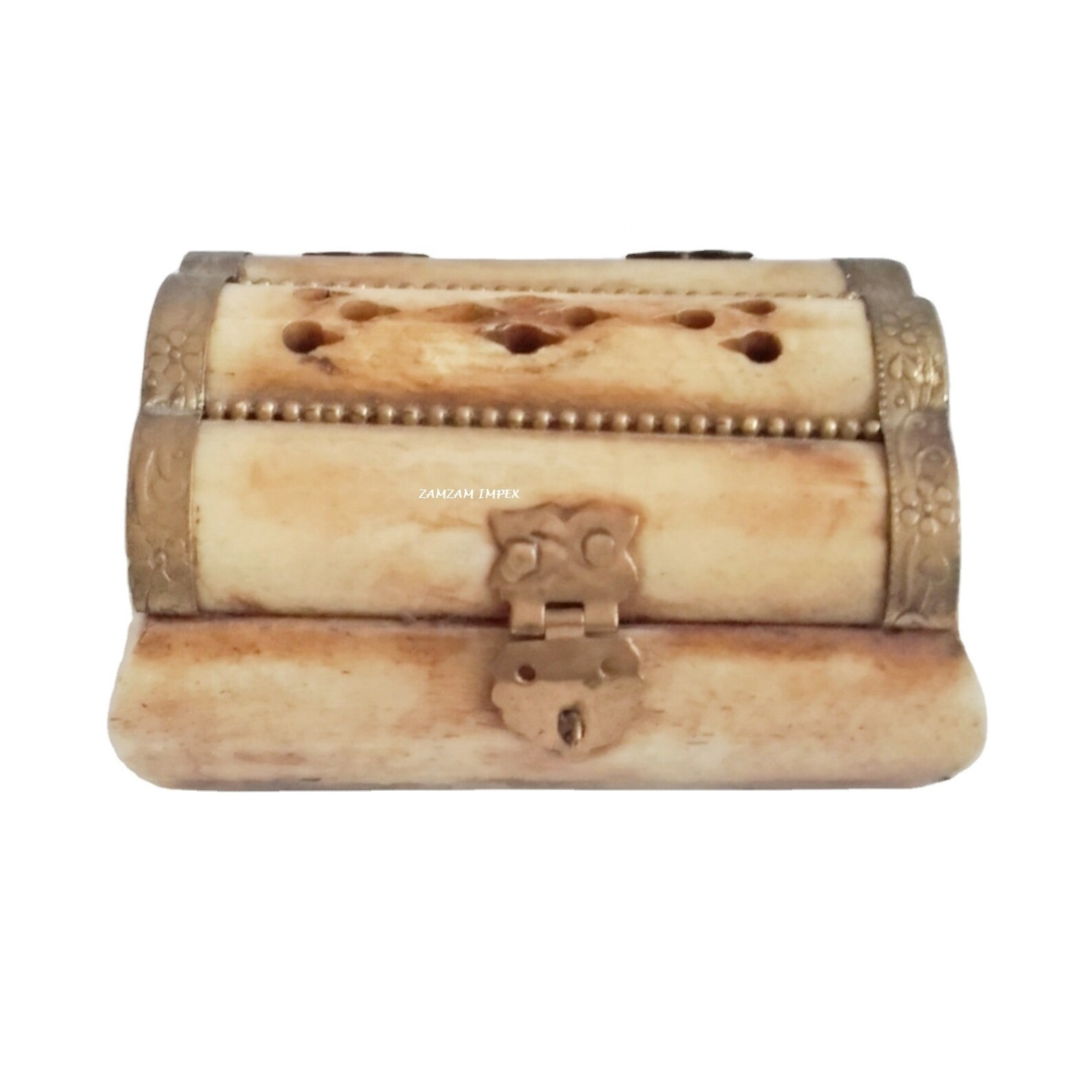 Old Look Vintage Carved Camel Bone And Brass Trinket Box