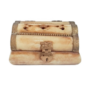 Old Look Vintage Carved Camel Bone And Brass Trinket Box