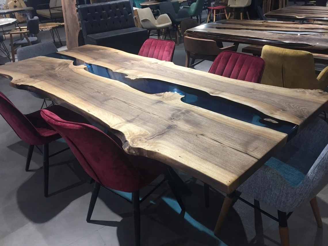 Live Edge Epoxy River Table slab with clear blue resin dining table set in stock Indian Acacia Wood epoxy dining table