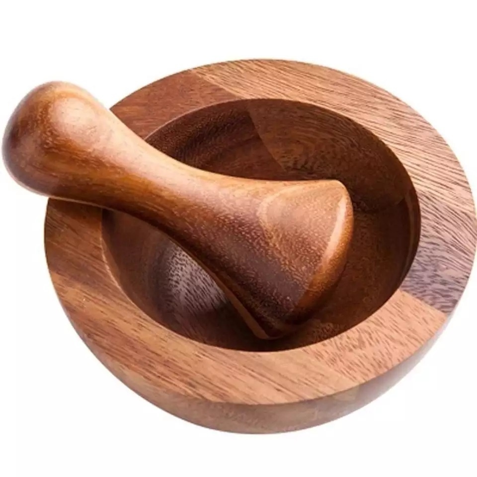 Mortar and Pestle Handmade Crush Spices Garlic Smasher Bamboo Mortar and Pestle Set Wooden Crusher