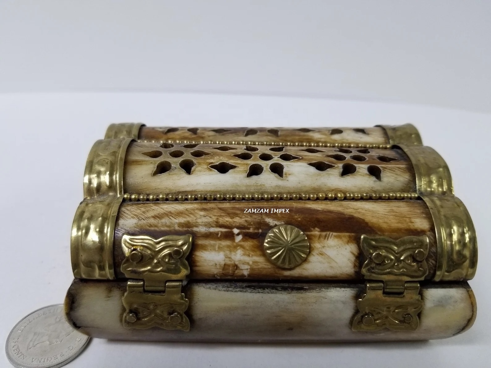 Vintage Indian handmade camel bone and brass trinket box Oval Jewelry Box at reasonable rate by ZAMZAM IMPEX