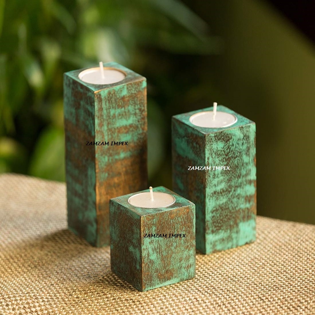 Wooden Antique Hand Painted Table Tea Light Candle Holders for Home Decoration