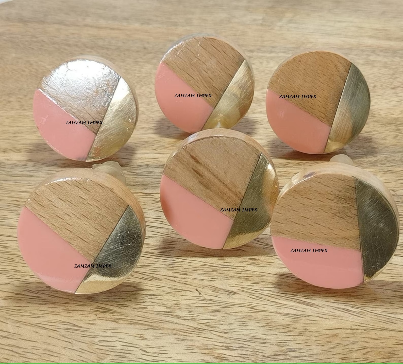 Gold stripe Pink resin and mango wood drawer knob