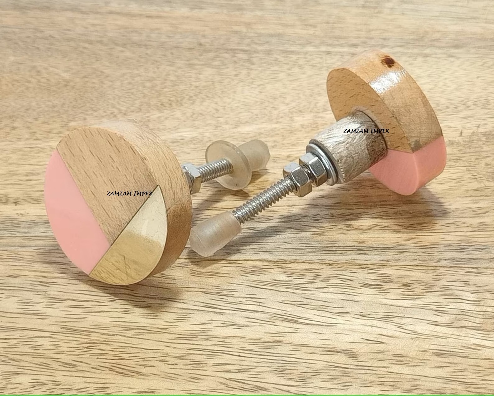 Gold stripe Pink resin and mango wood drawer knob