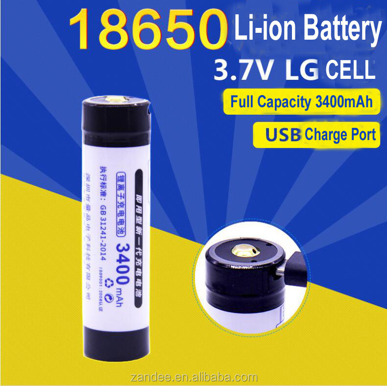 18650 USB lithium rechargeable battery, 3.7v high capacity 3400mah support USB Charge