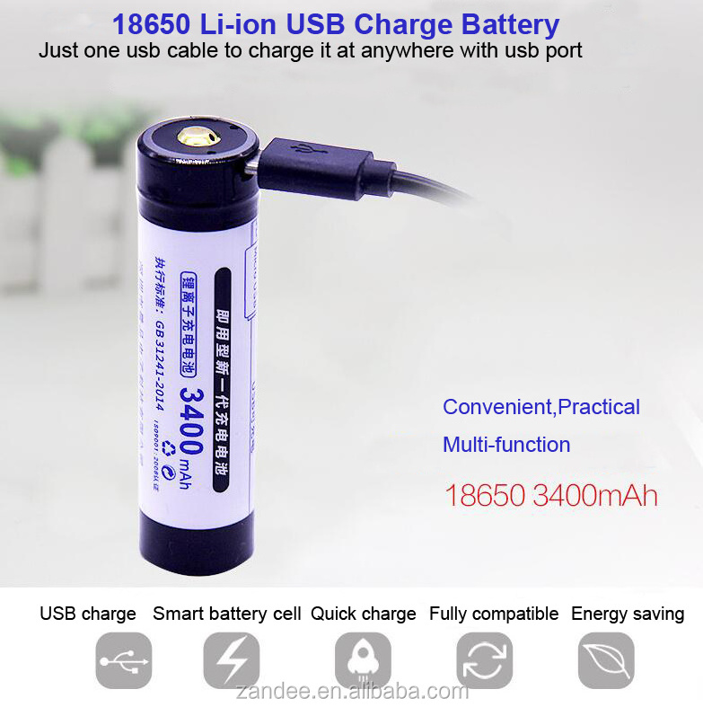 18650 USB lithium rechargeable battery, 3.7v high capacity 3400mah support USB Charge