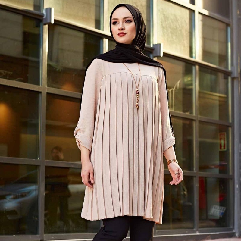 Zandy OEM Solid Color Women Long Sleeve Pleated Muslim Clothing Turkish Style Abaya