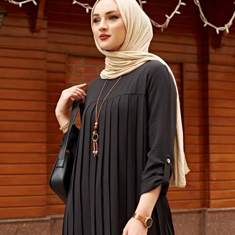 Zandy OEM Solid Color Women Long Sleeve Pleated Muslim Clothing Turkish Style Abaya