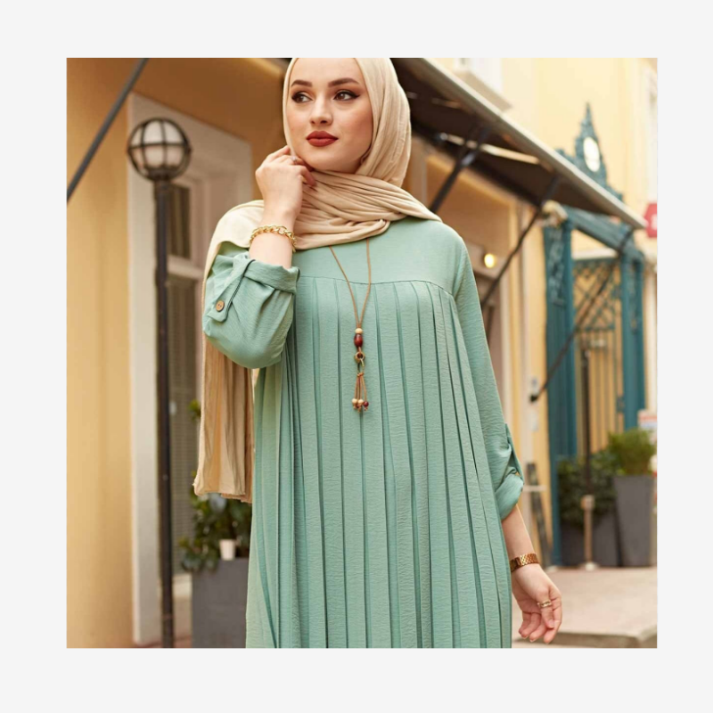 Zandy OEM Solid Color Women Long Sleeve Pleated Muslim Clothing Turkish Style Abaya