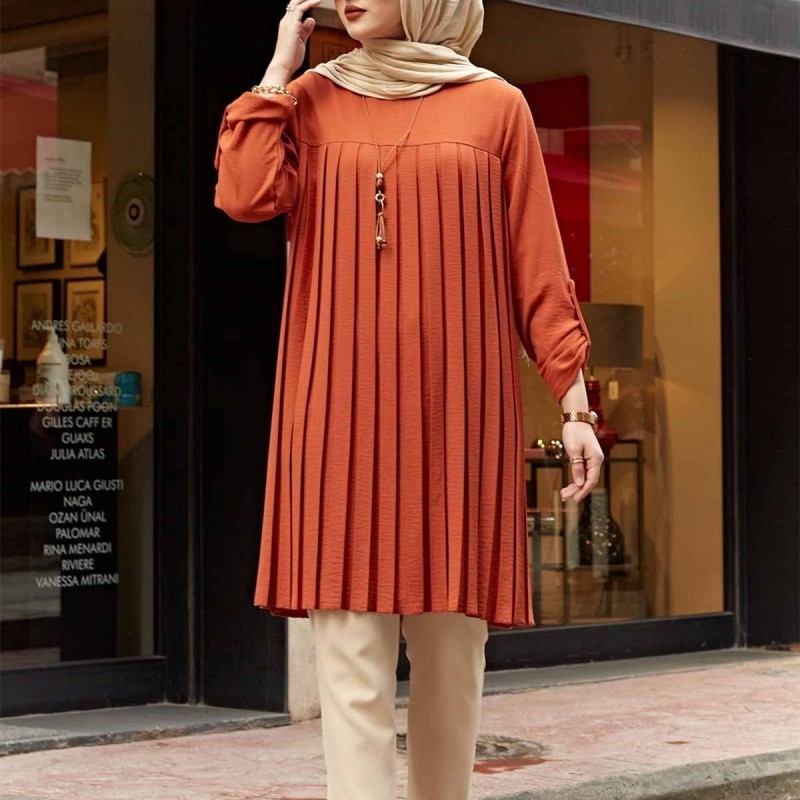 Zandy OEM Solid Color Women Long Sleeve Pleated Muslim Clothing Turkish Style Abaya