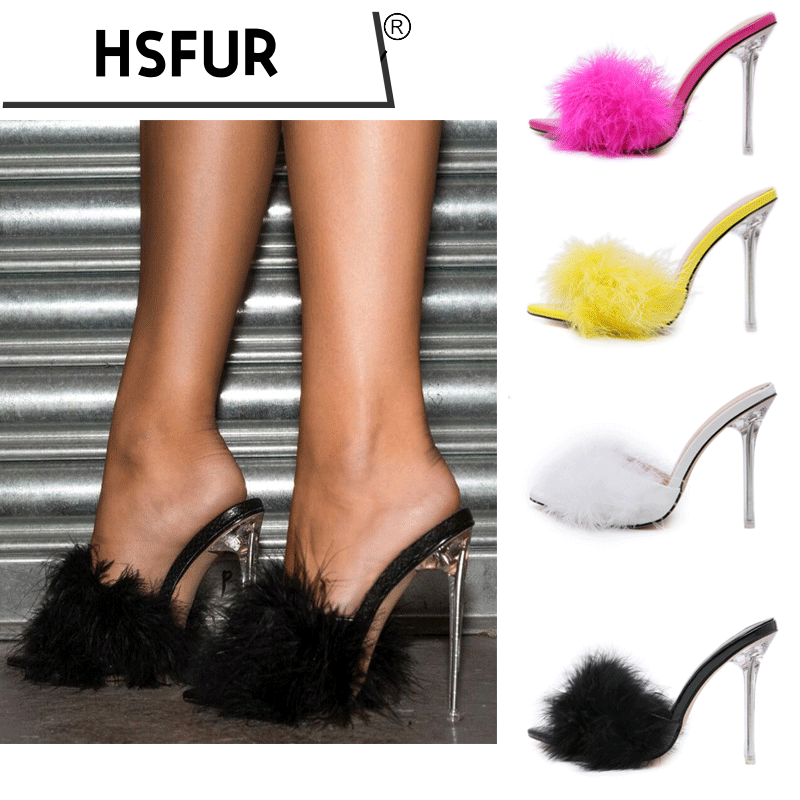 Summer New Sexy Feather Woman Sandals Transparent Perspex High Heels Fur Stiletto Peep Toe Mules Lady Slides Shoes Black