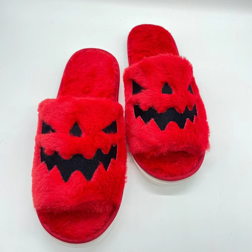 Halloween Slippers Spooky Slides Jack O Lantern Pumpkin Slippers Women Men Flat Soft Plush Cozy Indoor Fuzzy Women House Shoes