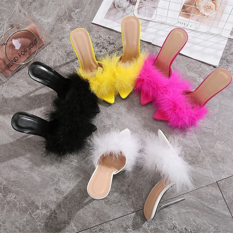 Summer New Sexy Feather Woman Sandals Transparent Perspex High Heels Fur Stiletto Peep Toe Mules Lady Slides Shoes Black