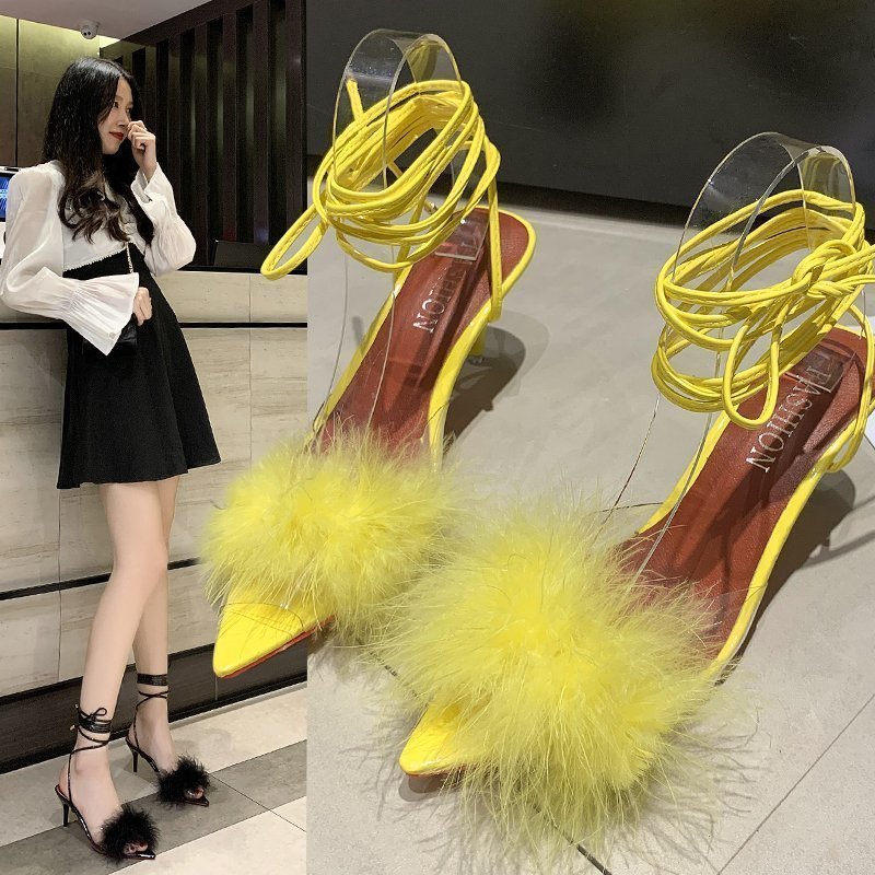 Feather Strap Ladies Fur Shoes Transparent Crystal High Lace Up Heels Pointed Open Toe Stiletto Sandals For Women