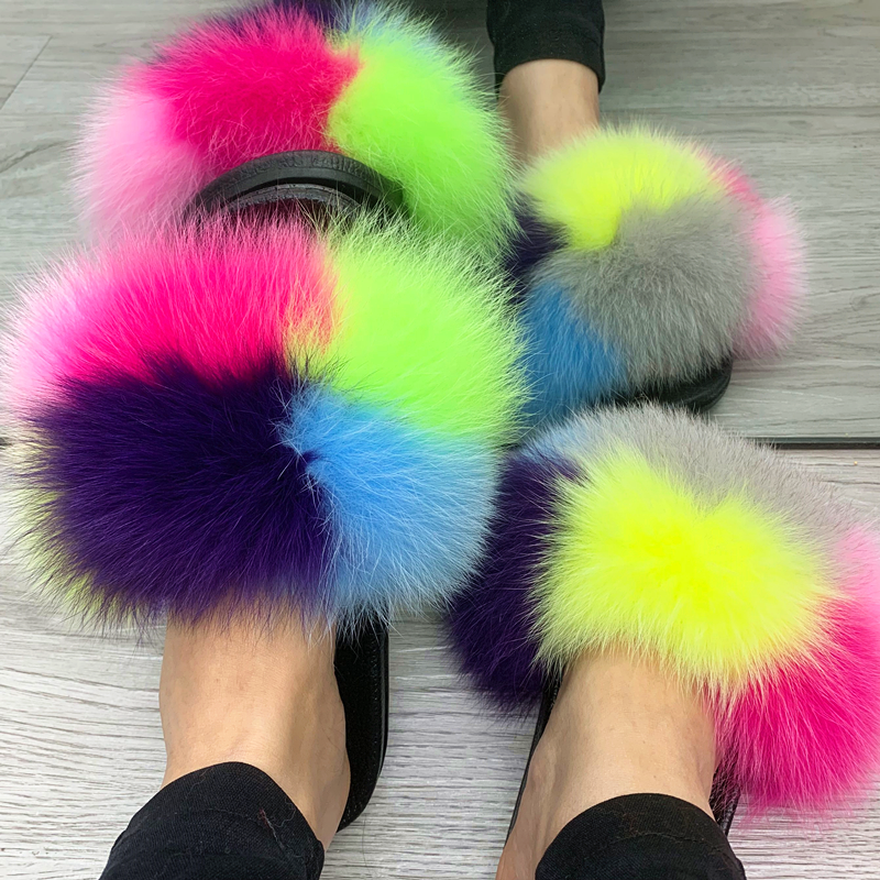 Wholesale women real big fluffy furry slippers natural slides sandals slippers