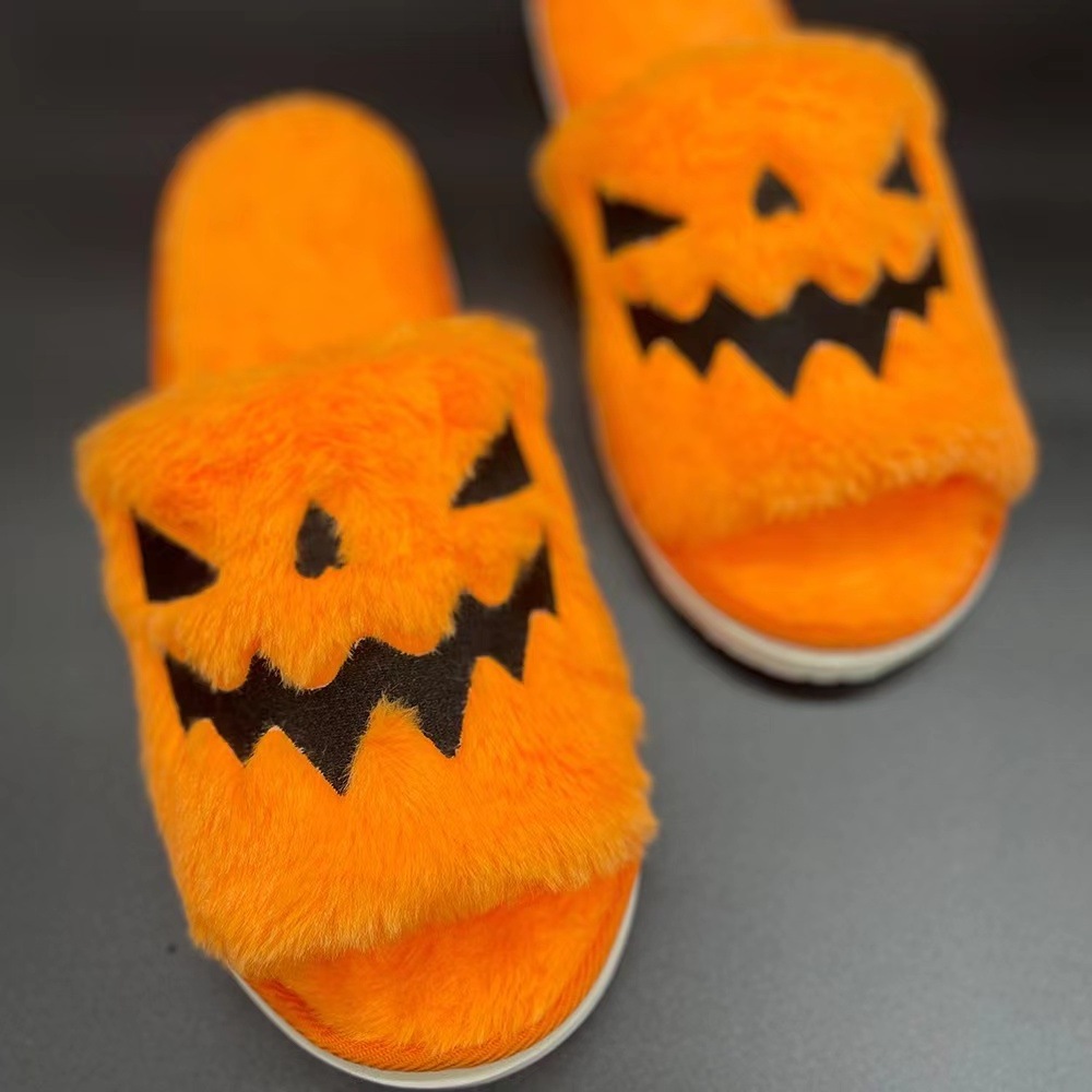 Halloween Slippers Spooky Slides Jack O Lantern Pumpkin Slippers Women Men Flat Soft Plush Cozy Indoor Fuzzy Women House Shoes