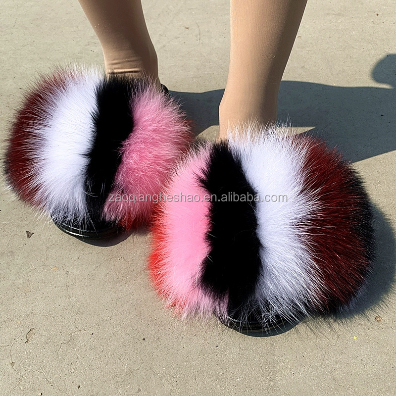 Wholesale women real big fluffy furry slippers natural slides sandals slippers BestSuppliers