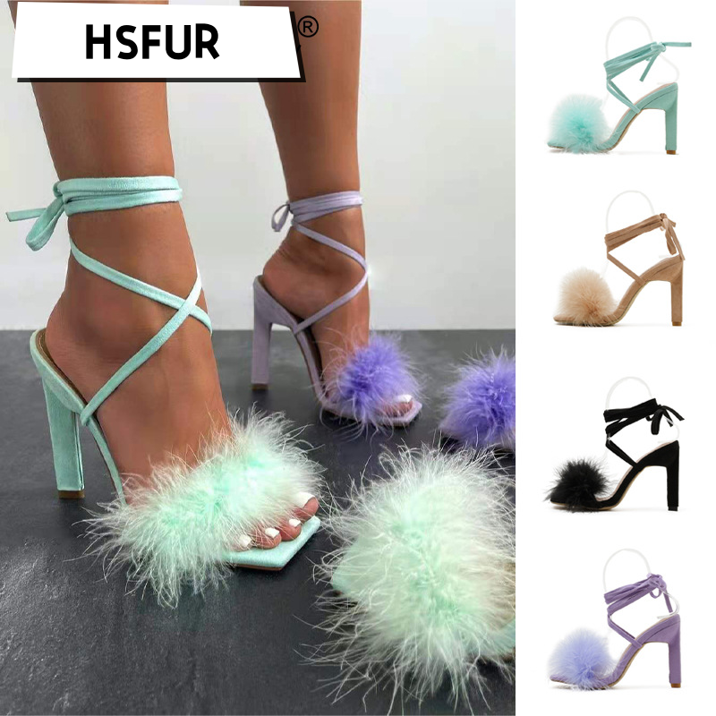 Feather High Heels Fur PU Slippers Sandals Women Peep Toe Mules Lady Pumps Slides Green Purple Black Beige Size 35-42