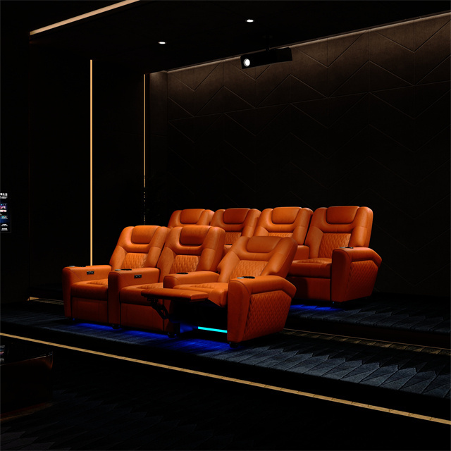 Modern luxury VIP cinema recliner sofa Electric leather home cinema orange with electric foot, electric headrest single sofa