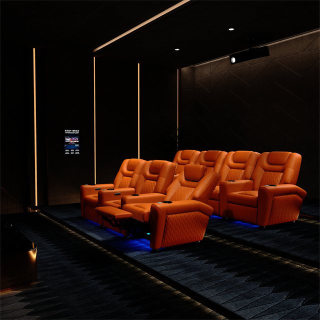 Modern luxury VIP cinema recliner sofa Electric leather home cinema orange with electric foot, electric headrest single sofa