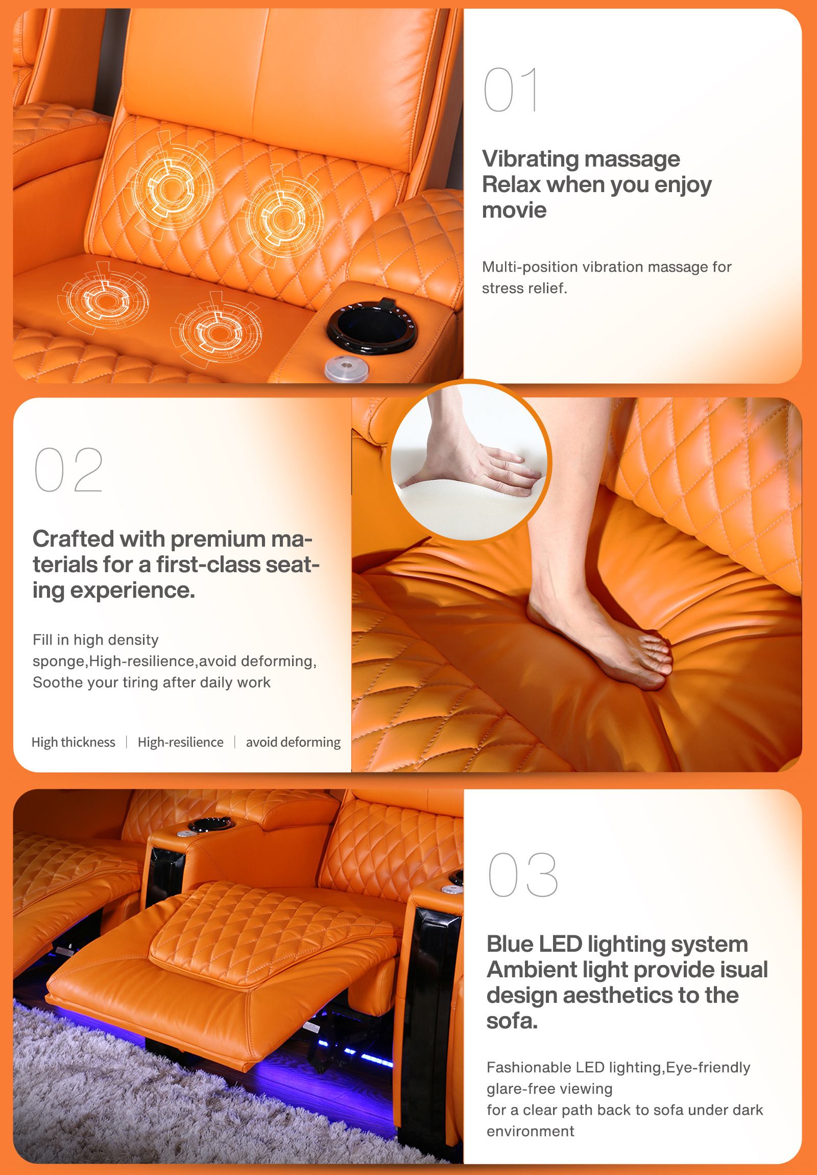 Modern luxury VIP cinema recliner sofa Electric leather home cinema orange with electric foot, electric headrest single sofa